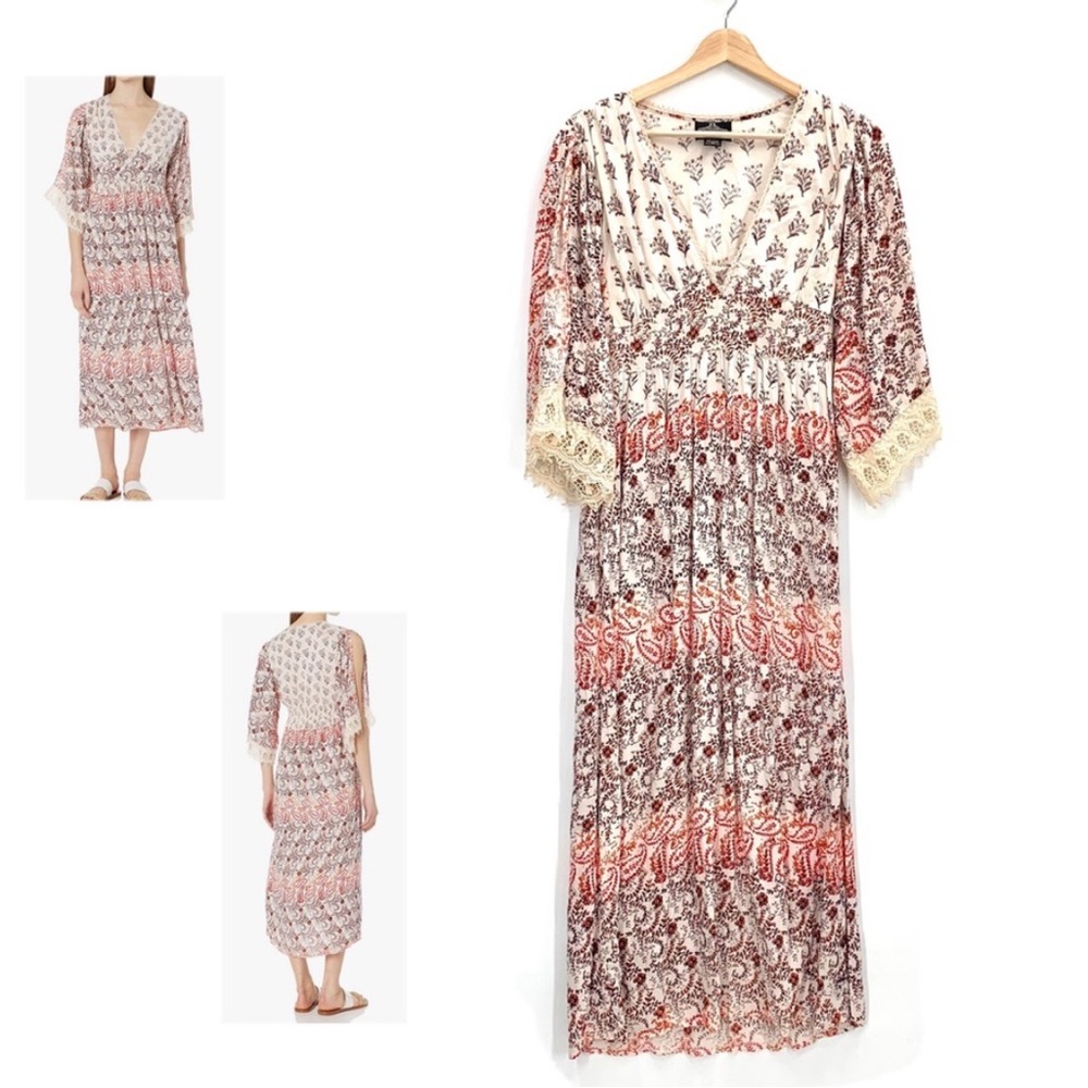 Angie 3/4 Split Sleeves Floral PrintMaxi Dress with Lace Accents Size Medium